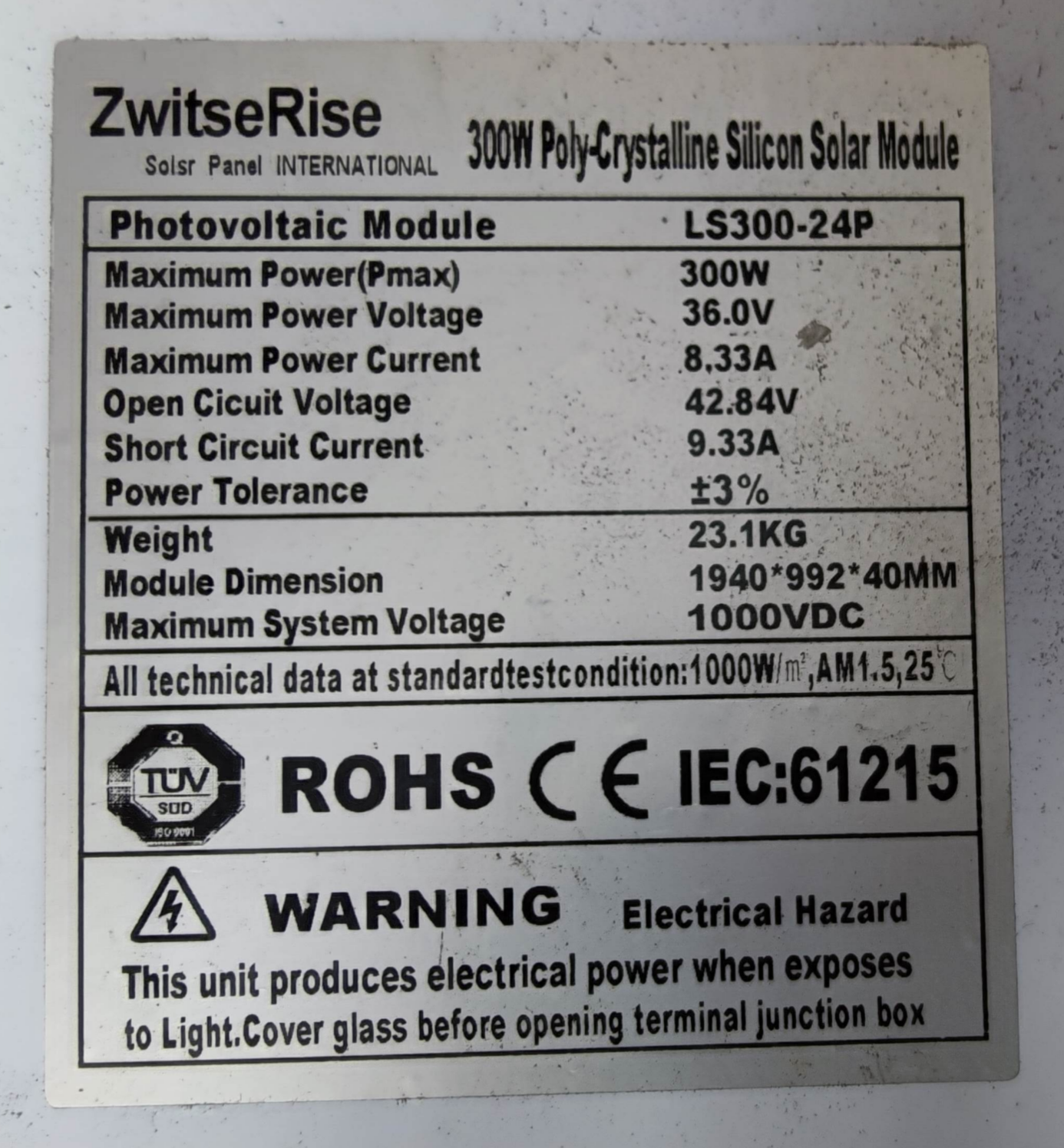 ZwitseRise 300W Solar Panel 1940 x 992 x 40 mm with Poly-Crystalline Silicon Solar Module label