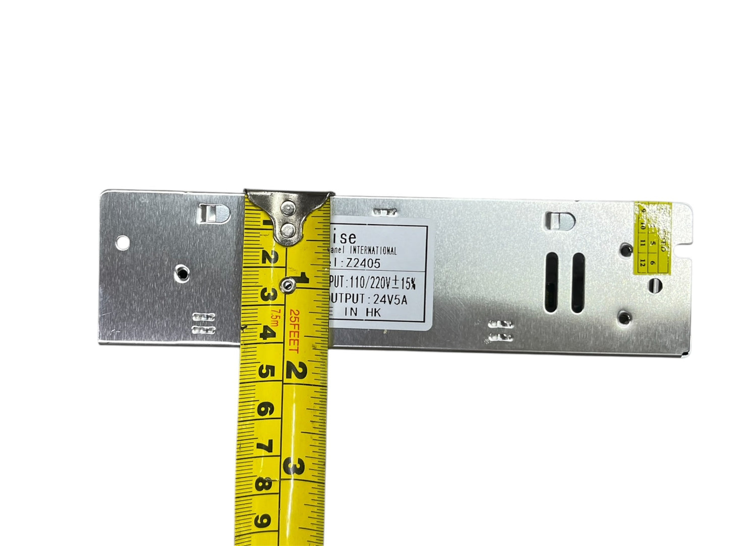 ZwitseRise Power Supply 24V 5A metal casing with measurement tape for size reference