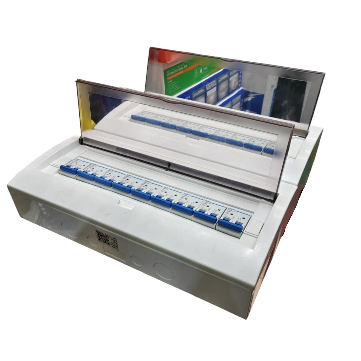 Chint and ZY white distribution board with two rows of blue breakers and transparent cover 50A 36 ways surface type panel box