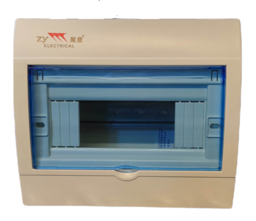 ZY 8 Ways Distribution Box Surface Type with transparent blue cover and beige casing for electrical circuits