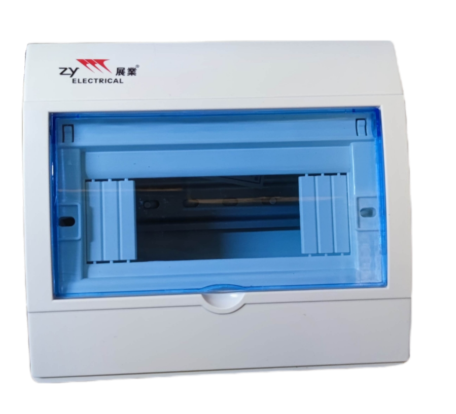ZY 8 Ways Distribution Box Surface Type electrical panel with blue transparent cover and white casing