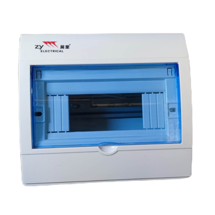 ZY 8 Ways Distribution Box Surface Type electrical panel with blue transparent cover and white casing