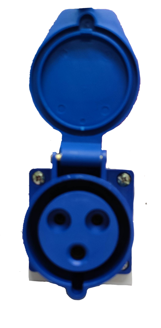 Grippes 32 amp industrial electrical outlet in blue with protective cover open