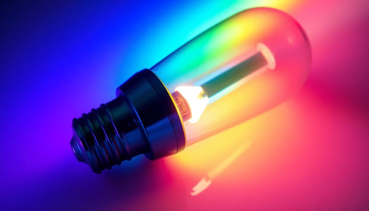 LED Bulb with 2 Contact points that lights a rainbow color while the Fluorescent tube lights up for medical germicidal effect of purification