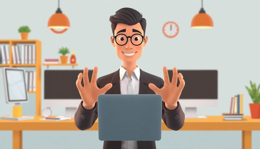 Showing a animated Person Doing business online have 8 pairs hands on doing lot of stuff than a person with not using any technology 