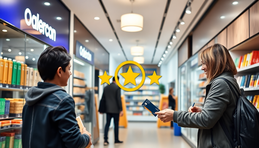 SHow an Image of a Shop that have Online Presence, Trust Rating of Gold trophy and a Physical Shop that Many Shoppers goes to and pays with Credit Card
