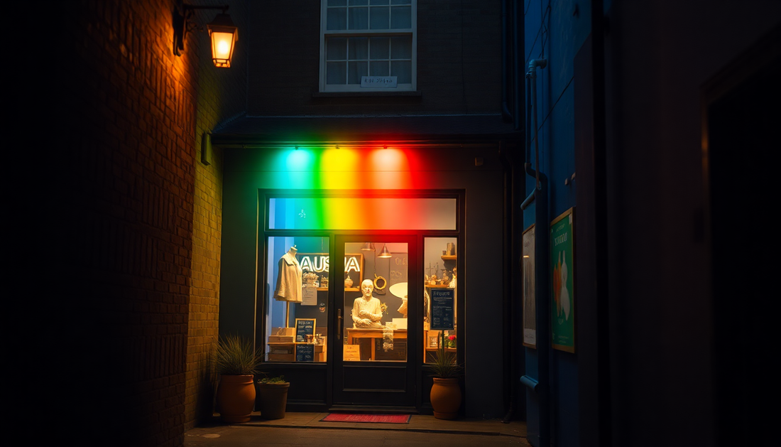 Small Lighted shop along an alley way where its seems to be mysterious but also alluring rainbow bright shiny on the shop but the alley is dark