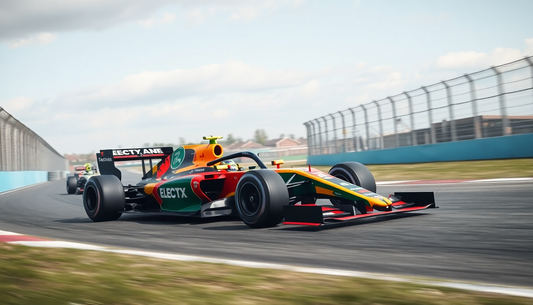 showing a F1 racing down a racing track leading the pack on the turn is the F1 racing Car with ELECTX Electrical Supply 