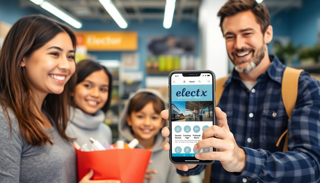 Having a Happy Face of Family of 5 buying Stuff from a Physical Shop Electx Electrical Supply , and the father holding a smart phone which have electx electrical supply in the website
