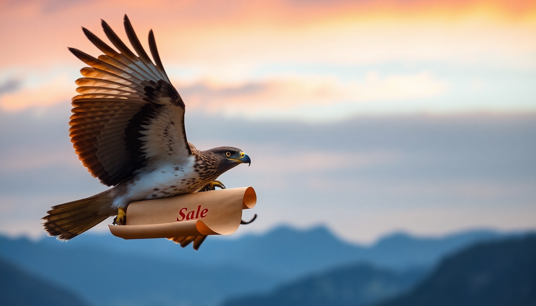 the sky is in Dawn with some hue rainbow colors that shows a hawk that carry a scroll that is slightly rolled down and you can read in small letters " Formal Quotation Sale" in red letters, it flies thru the mountain ranges