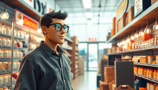 Showing an American Style of 3D image that a person always goes to Electx Electrical supply shop to buy rare goods