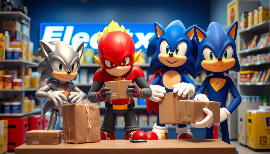 Electx Electrical Supply Shop Staff gives parcels to Characters look like flash and Marvel Quick silver and Sonic the Hedgehog, Speedy Gonzales  to show fast