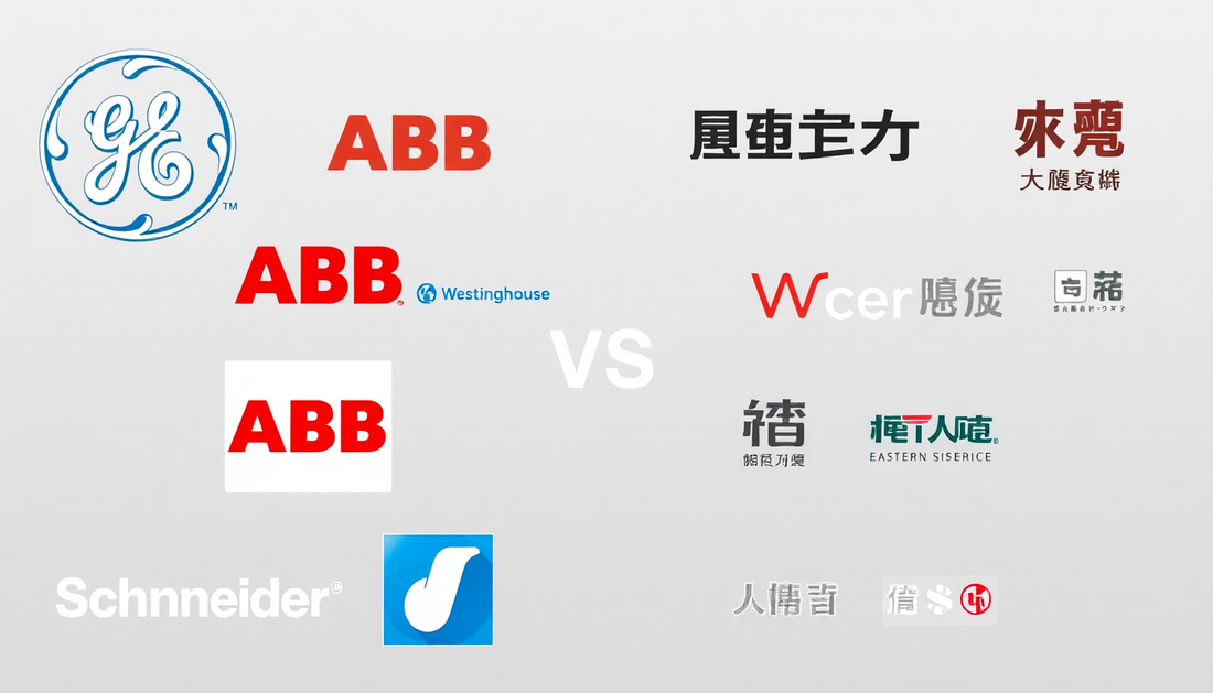 GE, ABB, Schneider, Siemens and Westinghouse LOGOS with the VS in the middle and on the right side are Eastern Electrical brands like Chint Himel EATON Hisense Sassin