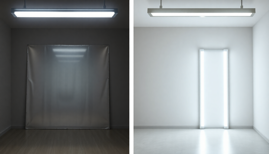 12x48" Aluminum Reflector with 2 LED Fluorescent Tube brightening a room and beside it is a room with 2 LED Fluorescent Tube that also lights up but the room is not as bright as the left one with reflector