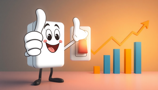 animated switch Electrical Devices are smiling and gives thumbs up to a market graph that shows upwards trend