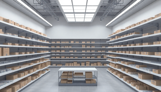Imagine a Large Physical Shop of a Top view and its in 3D rendered that shows Multilayered shelves up too 1000 shelves 