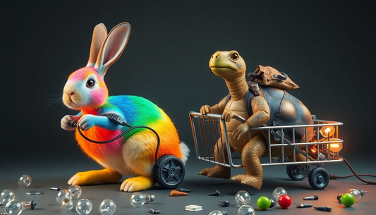 Showing a Rabbit color Rainbow and have bulbs, wires, Breakers on its arms, and its feet are like wheels that spin and its floors are full of broken glass bulbs, and with a turtle that wears a backpack and pulls a trolley that are full of electrical goods