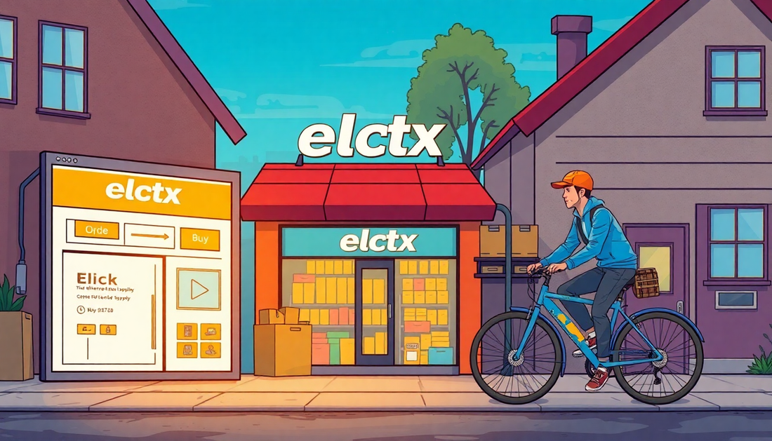 Anime style of comic strip Showing a website of electx electrical supply where you click buy and the next pane is the order goes to a physical store electx and the last box a delivery courier with a bicycle and deliver to the houses