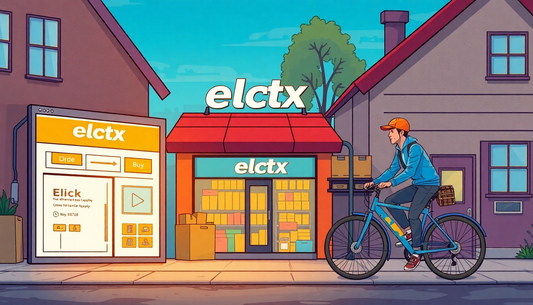 Anime style of comic strip Showing a website of electx electrical supply where you click buy and the next pane is the order goes to a physical store electx and the last box a delivery courier with a bicycle and deliver to the houses