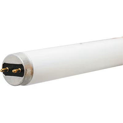 Close-up of a 30W fluorescent tube light showing its white cylindrical body and metal end cap with electrical pins