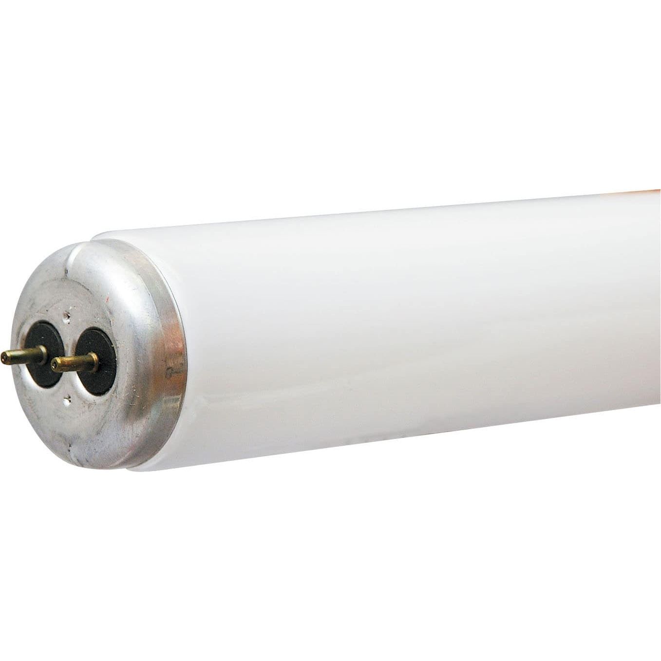 Close-up of a 40 watt T12 fluorescent bulb with metal pins and white glass tube for commercial lighting
