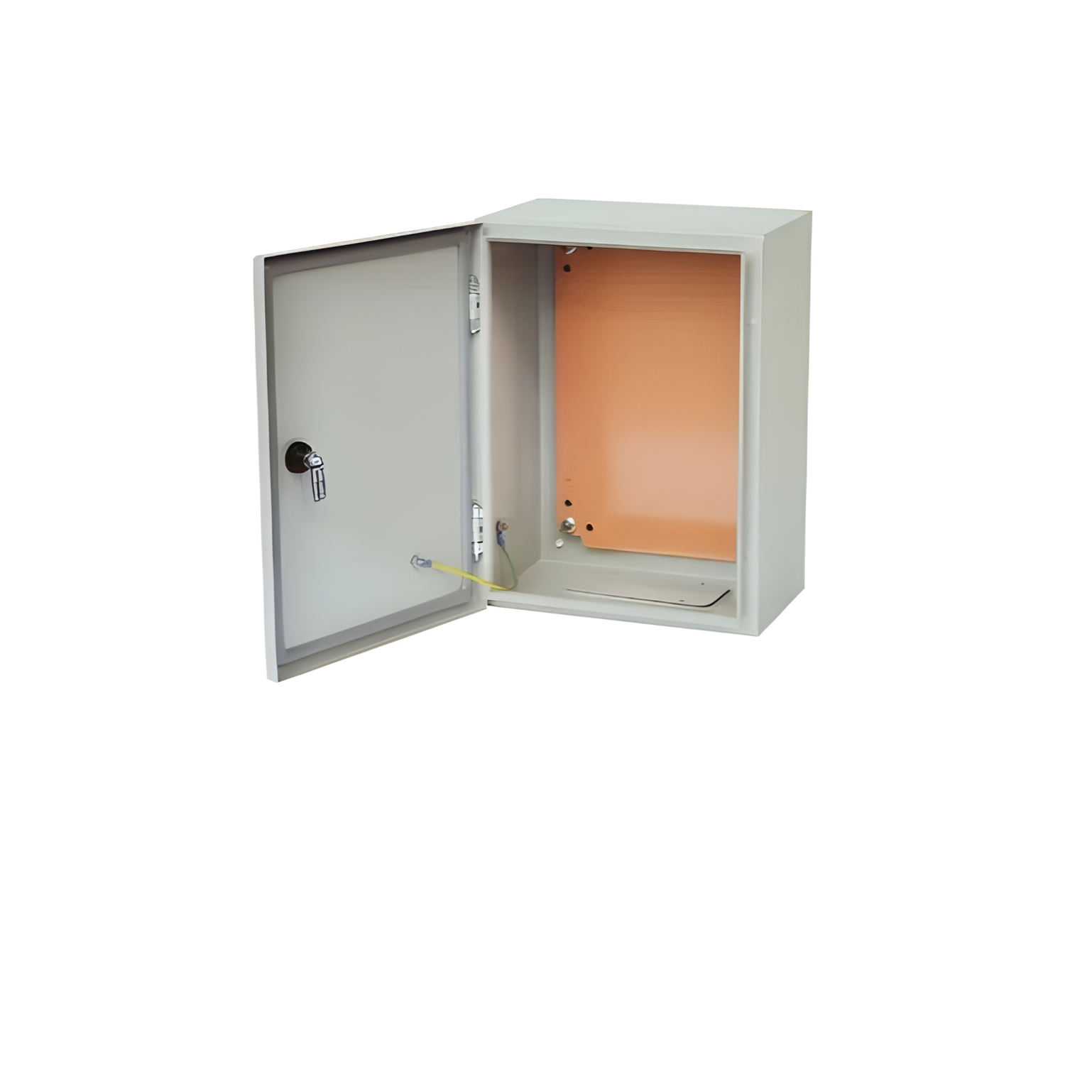 Open metal control box enclosure showing empty interior and locking door for electrical component protection