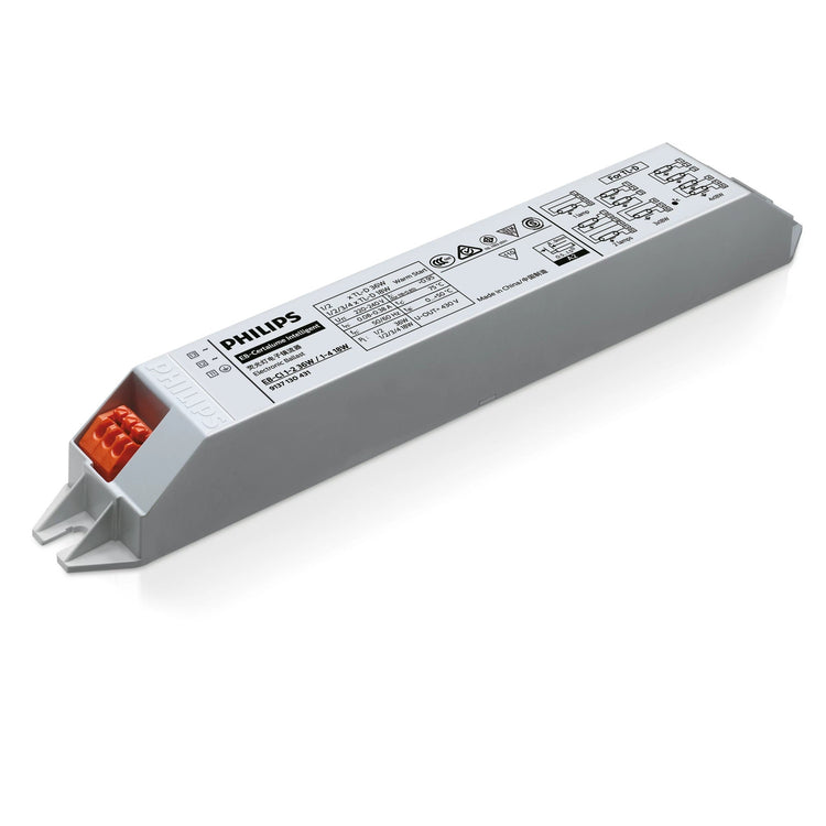 Electronic ballast for fluorescent lamps by Philips with detailed specifications and wiring diagram