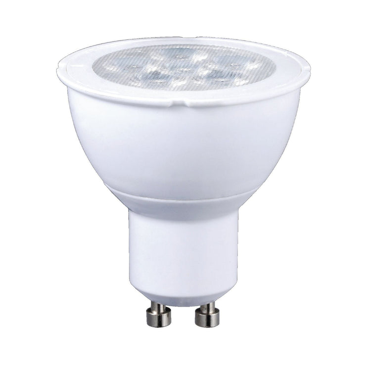 Energy-efficient LED MR16 GU10 bulb with white casing and clear lens for focused lighting