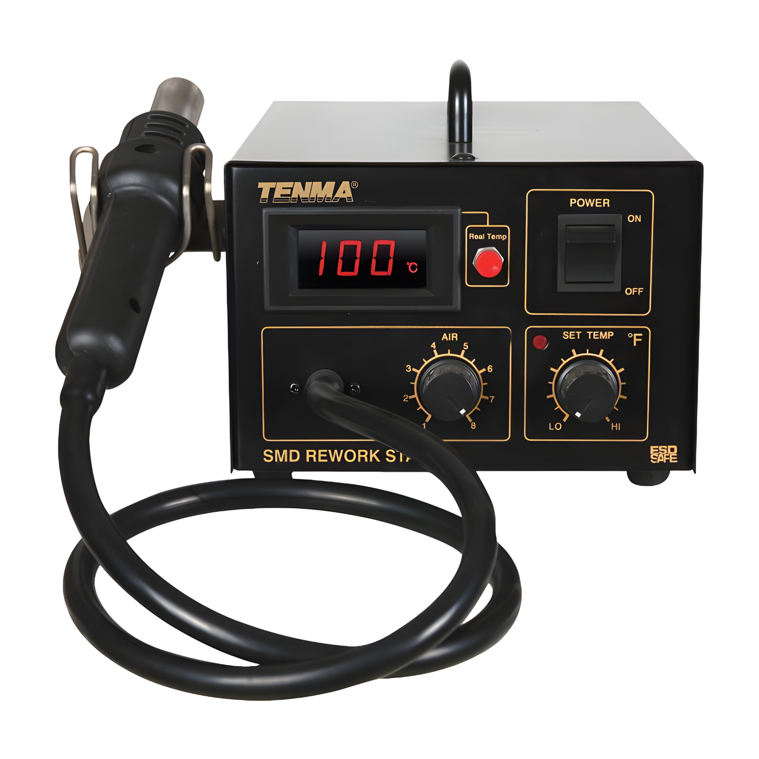 Black Tenma hot air soldering station with digital temperature display and adjustable controls for rework tasks