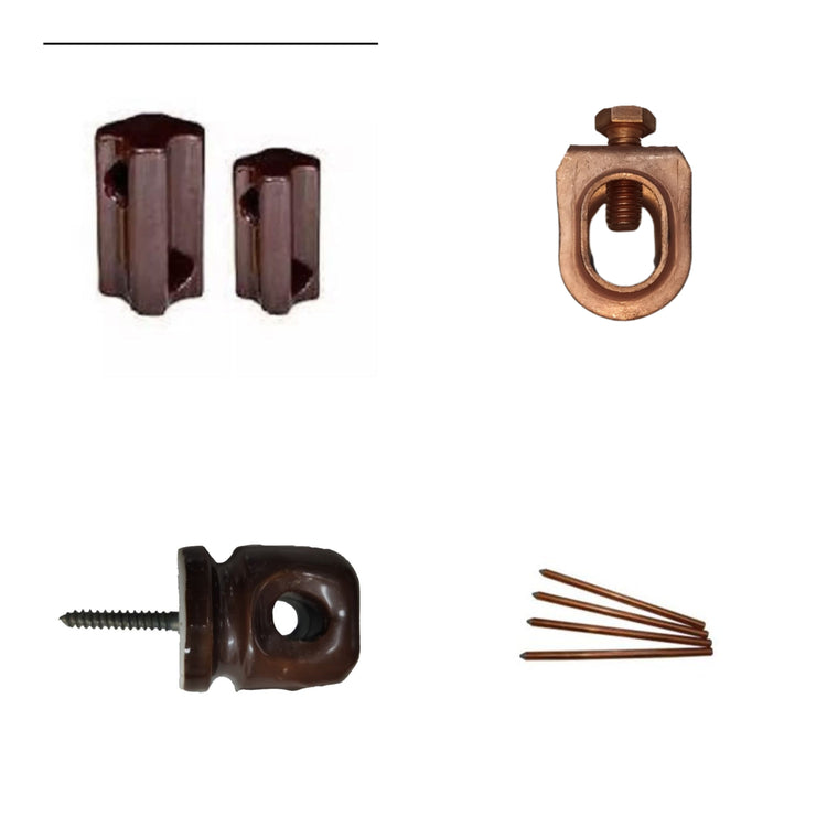 Grounding wire rod insulation collection with electrical insulators, copper clamps, and grounding rods for safe electrical systems