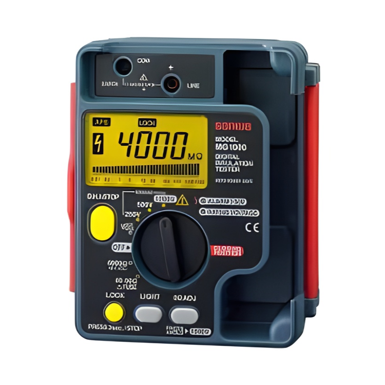 Digital megger tester measuring insulation resistance with clear yellow LCD and control dial