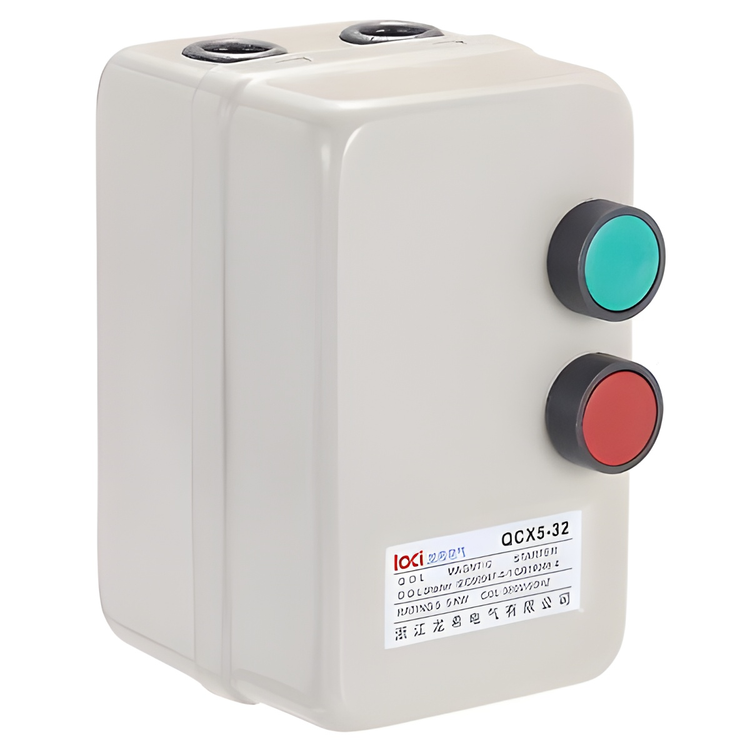 Compact motor magnetic starter with green and red control buttons for electric motor protection