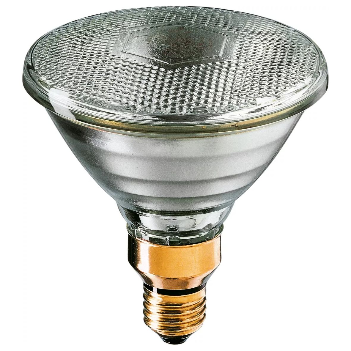 PAR 38 flood light replacement bulb with reflective glass and brass base for outdoor and security lighting
