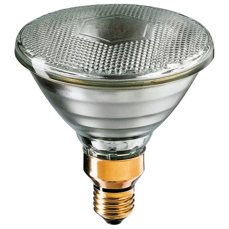 PAR 38 flood light replacement bulb with reflective glass and brass base for outdoor and security lighting