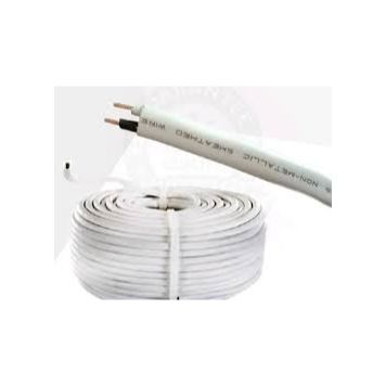 Coiled PDX Romex NM cable for sale with two insulated copper conductors and a bare ground wire in white PVC jacket