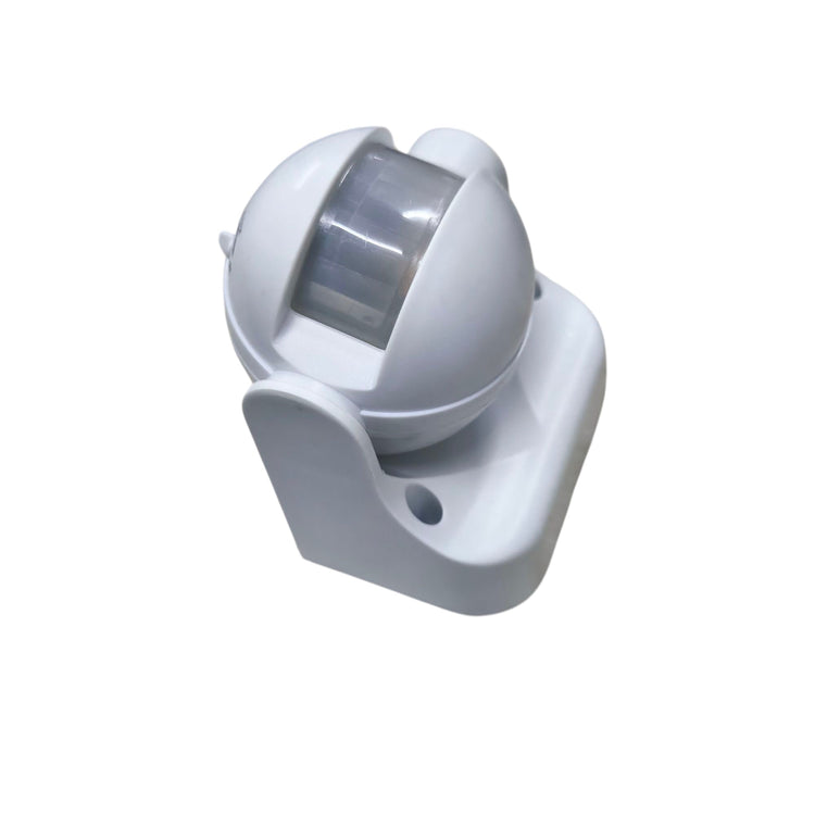 White PIR motion sensor for switching mounted on adjustable base for detecting movement and activating devices