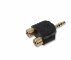 High-quality audio adapters showing a black 3.5mm to dual RCA connector for microphone and headphone accessories