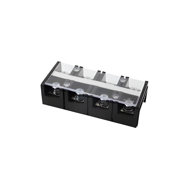 Black bakelite terminal block with four wire connectors and clear protective cover