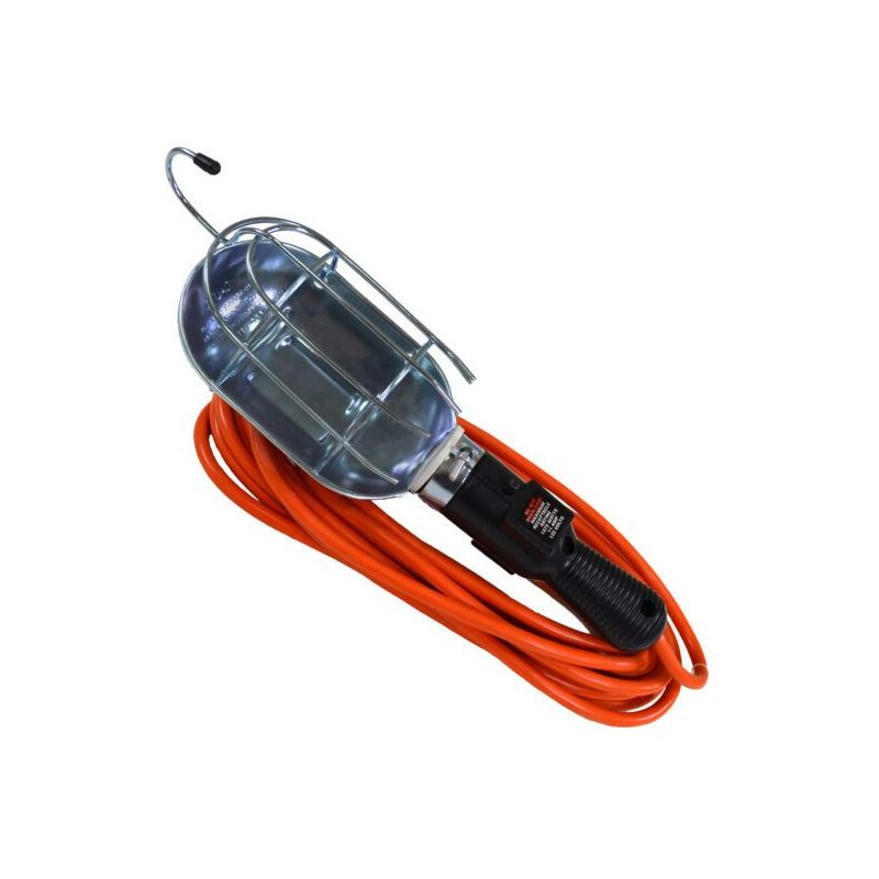 Portable trouble light for electricians with protective metal cage and long orange extension cord