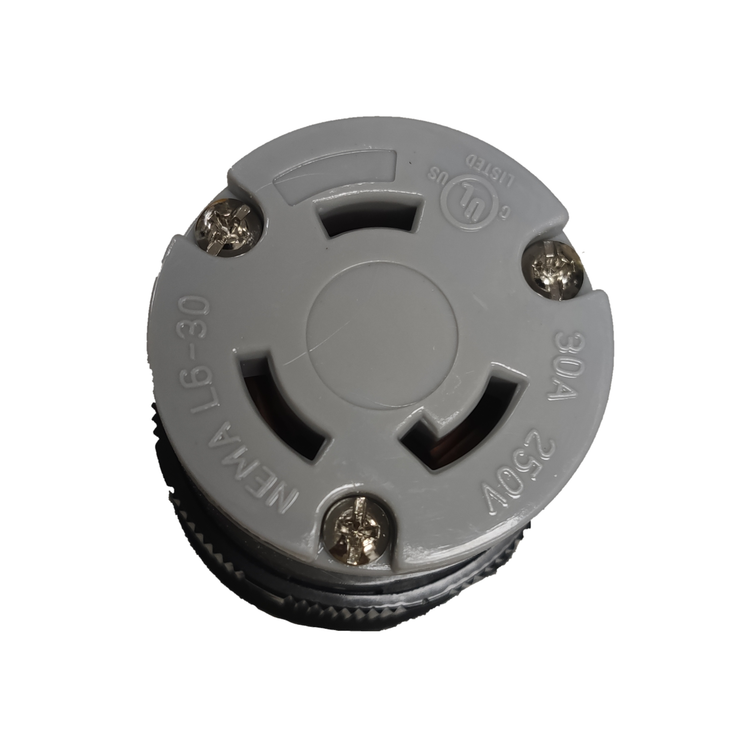 Close-up of a gray NEMA twistlock outlet with 30 amp 250 volt rating and secure screw terminals