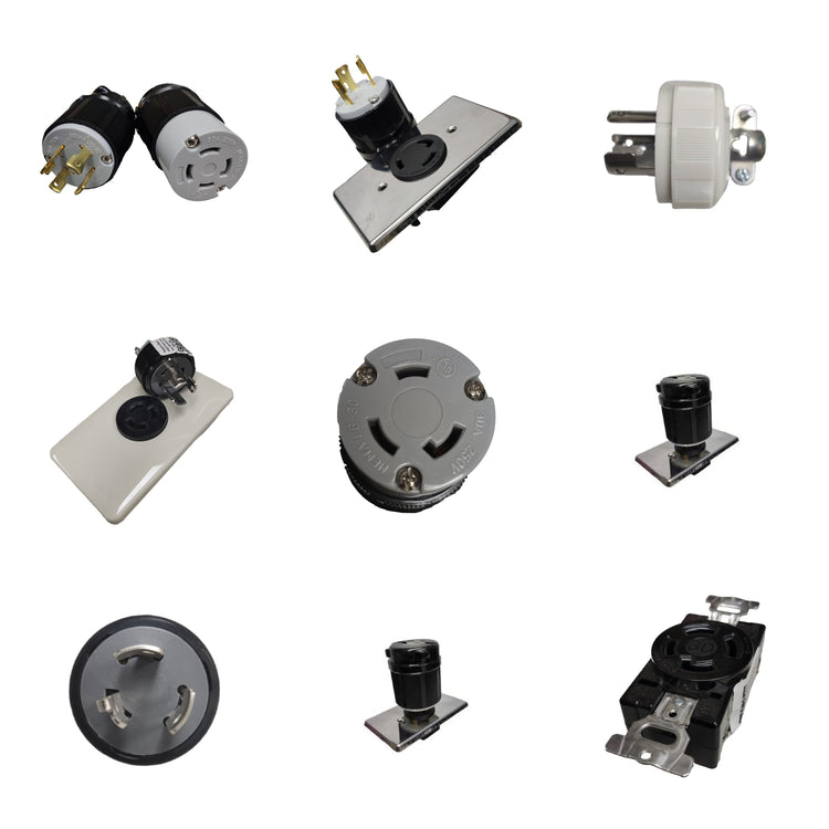 Various twist lock electrical connectors including plugs and outlets for secure electrical connections
