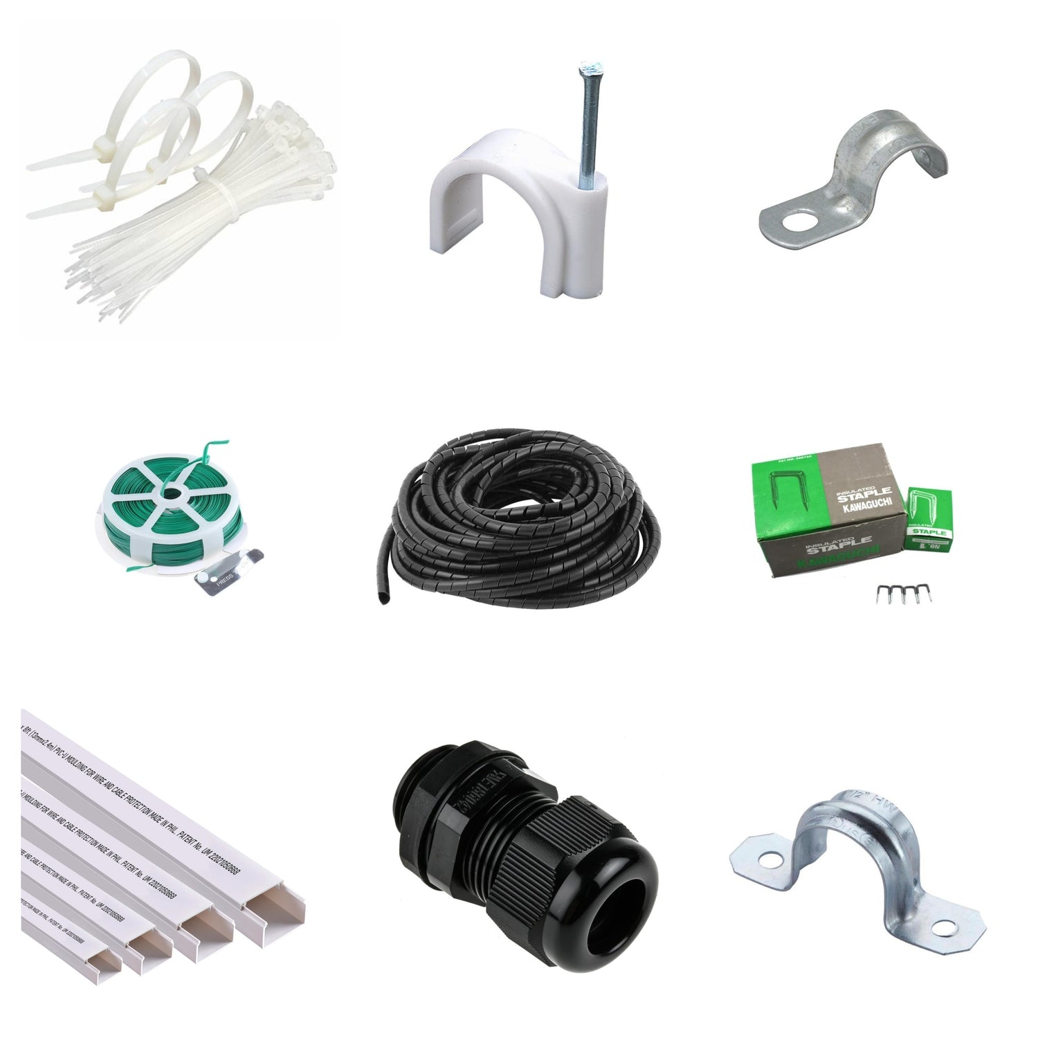 Various cable management solutions including clips, sleeves, ties, and staples for organizing wires
