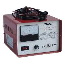 Heavy duty battery charger with voltage meter and power switch for 6V and 12V batteries