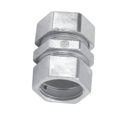 A galvanized metal hexagonal cable connector with a threaded joint, shown on a plain white background.