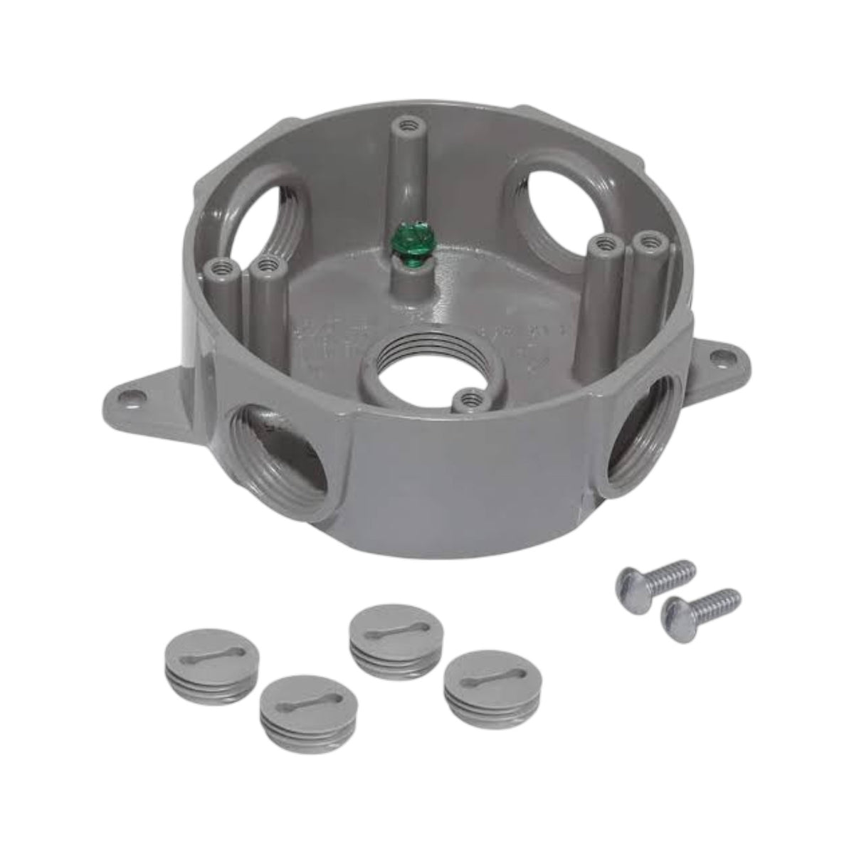 A gray cast-metal plumbing fitting or manifold component shown on a white background, accompanied by five matching gray caps and two silver screws.