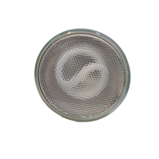 A round automotive LED headlight reflector lens with a textured silver surface and a clear outer rim, isolated on a white background.