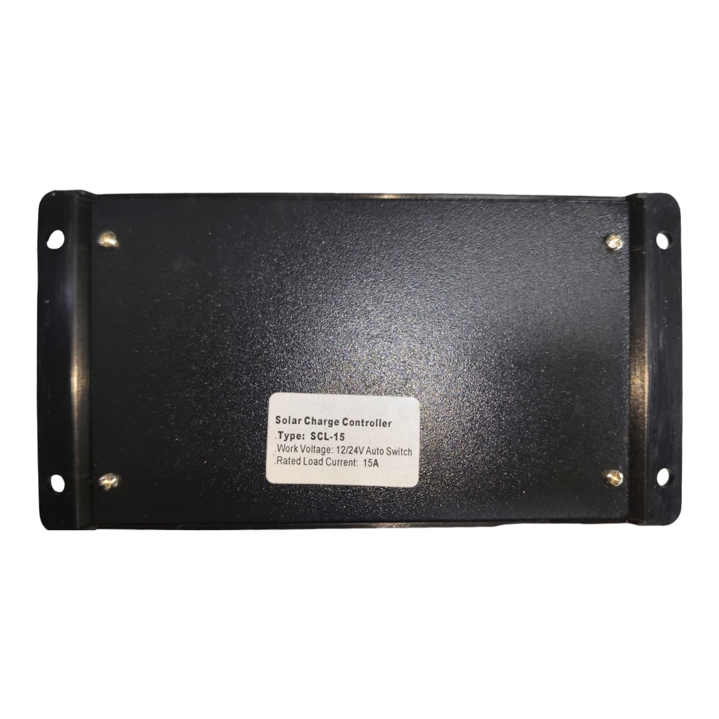 A black metal solar charge controller box with a white label on the front, photographed against a plain white background.