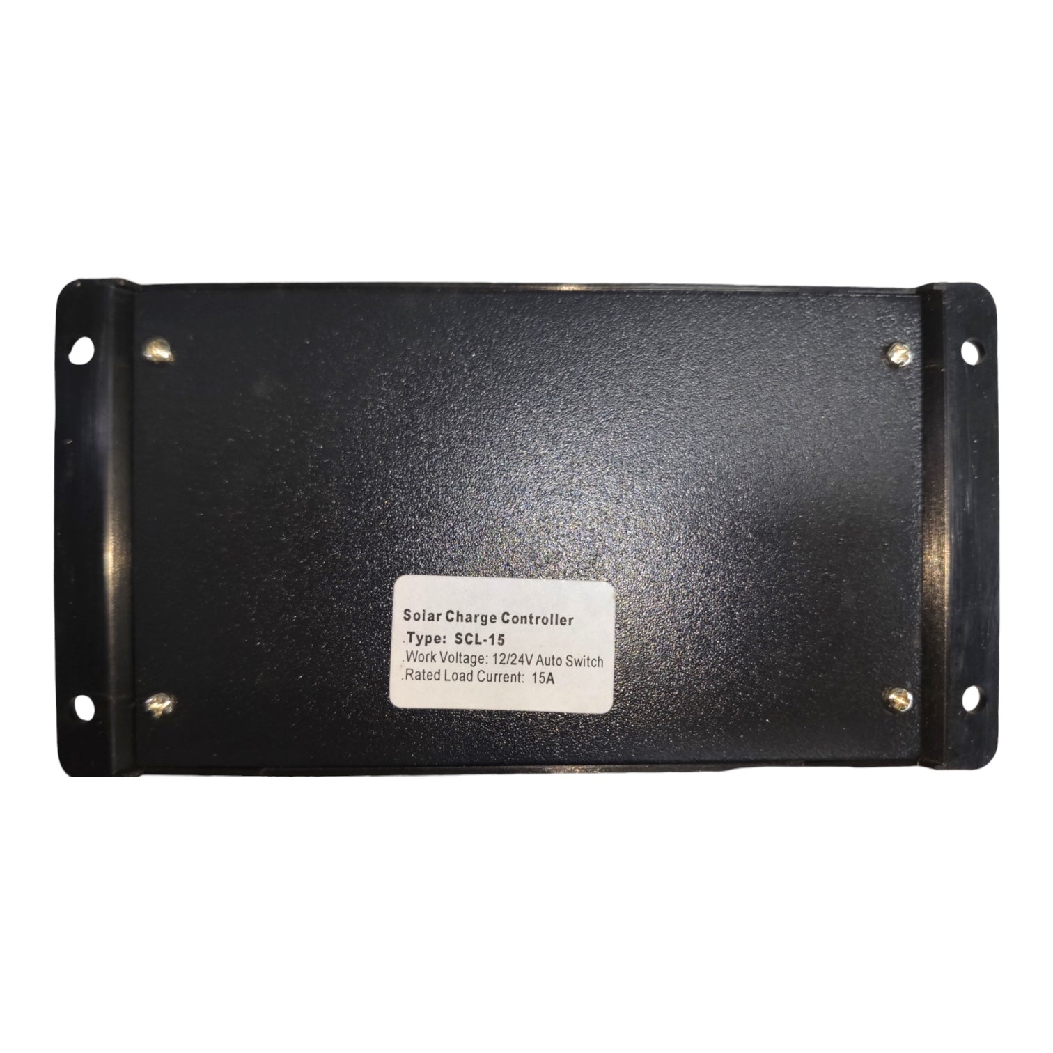 A black metal solar charge controller box with a white label on the front, photographed against a plain white background.