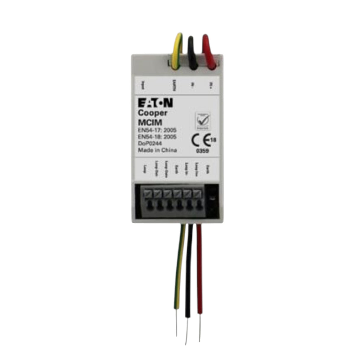 An Eaton Cooper MCIM electrical module with a white faceplate, black terminal block, and multicolored wire leads (yellow, red, black, green) on a plain white background.