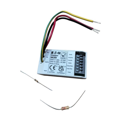 A Cooper electrical module with three colored wires (yellow, red, green) and two small resistors on a plain white background.